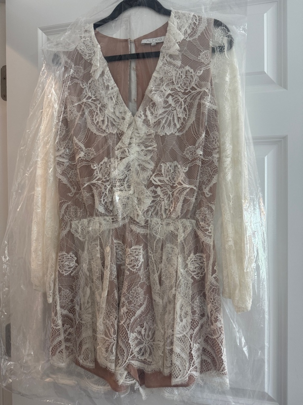Alexis Cream Lace V-Neck Long Sleeve Romper with Nude Lining